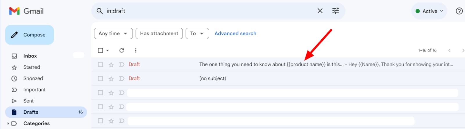 Gmail Drafts list with the saved marketing email highlighted.