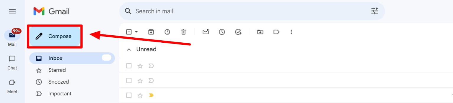 Gmail inbox with Compose highlighted.