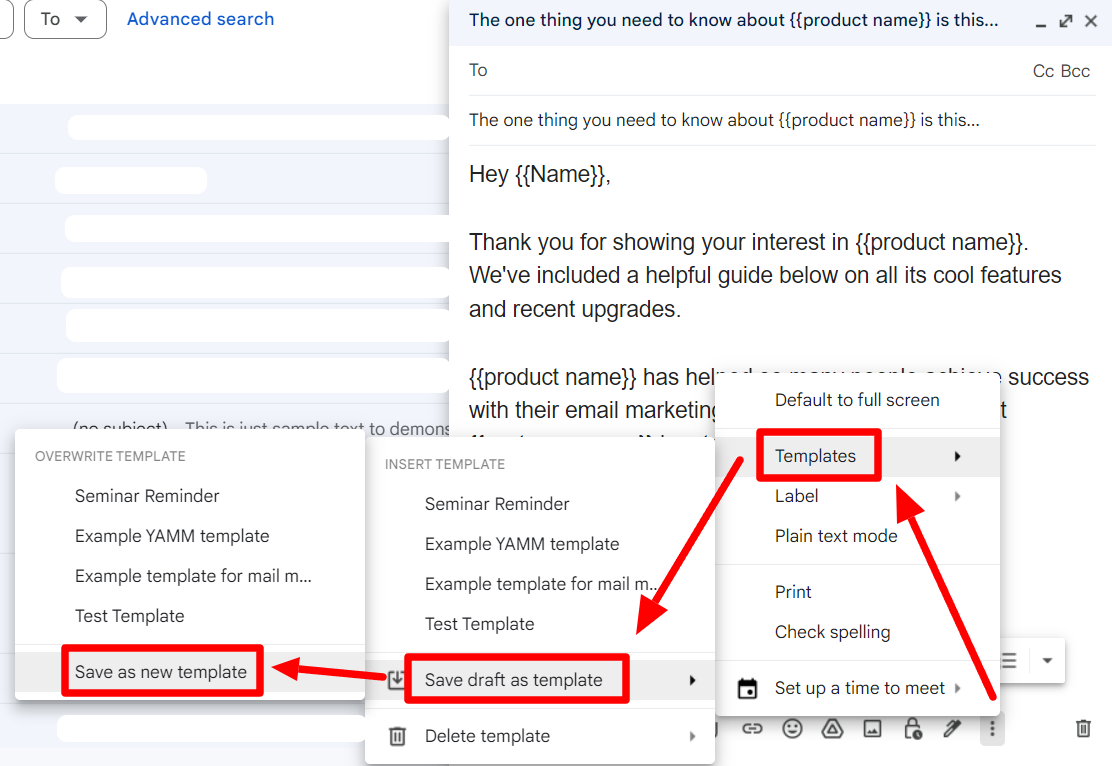 Gmail menu path for saving a draft as a new template.