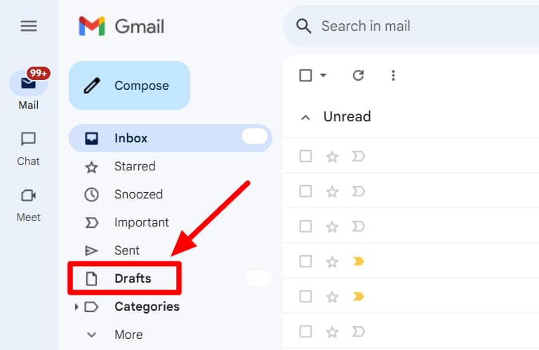 Gmail sidebar with Drafts highlighted.