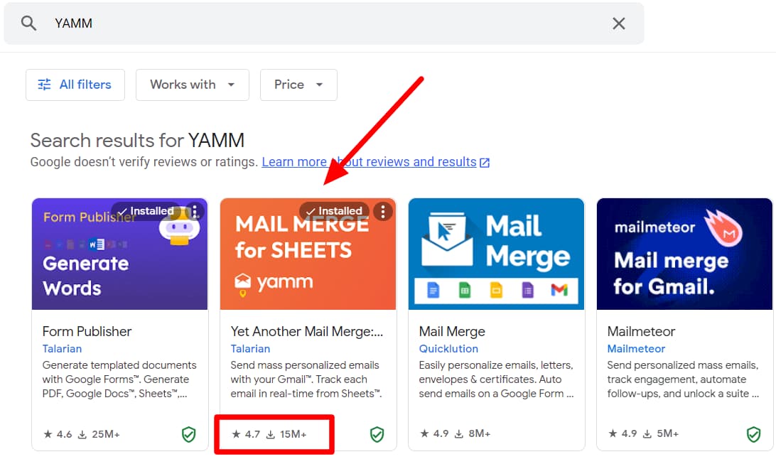 YAMM listing highlighted in Google Workspace Marketplace.