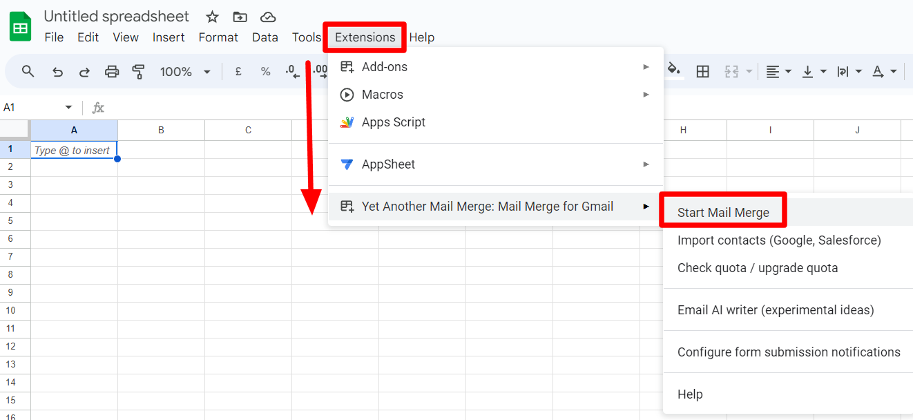 Google Sheets Extensions menu with YAMM Start Mail Merge indicated.