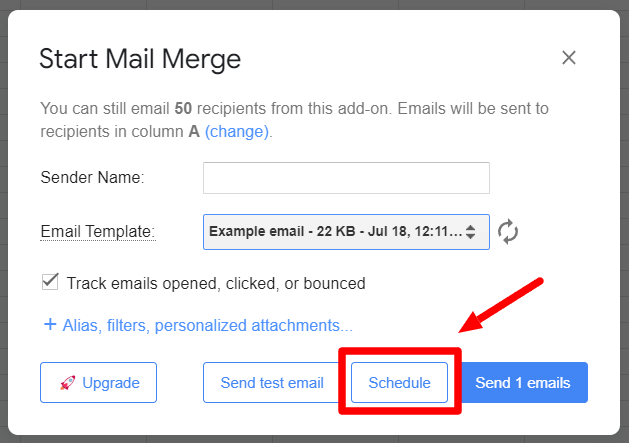YAMM Start Mail Merge dialog with the Schedule button highlighted.