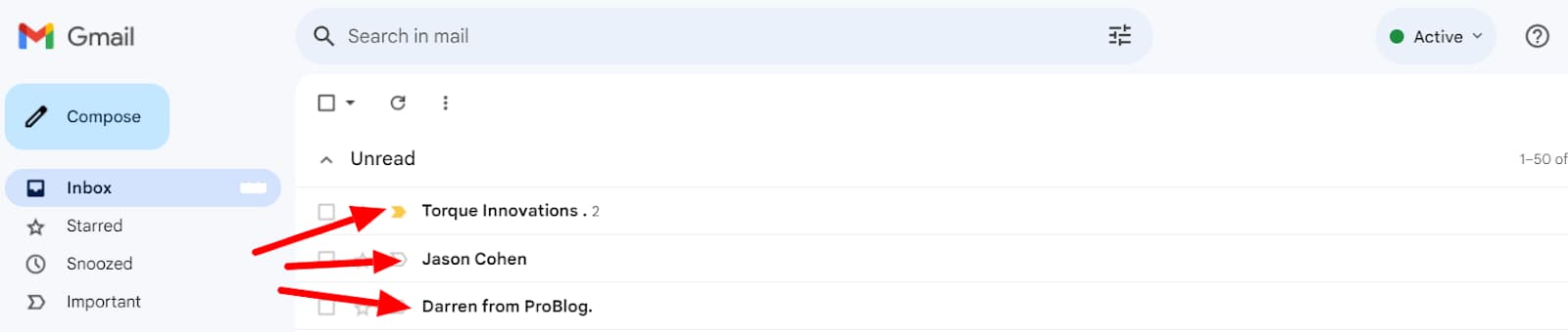 Gmail inbox illustrating company, personal, and combined sender names.