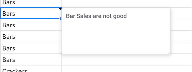 Google Sheets category cell displaying the note Bar Sales are not good.