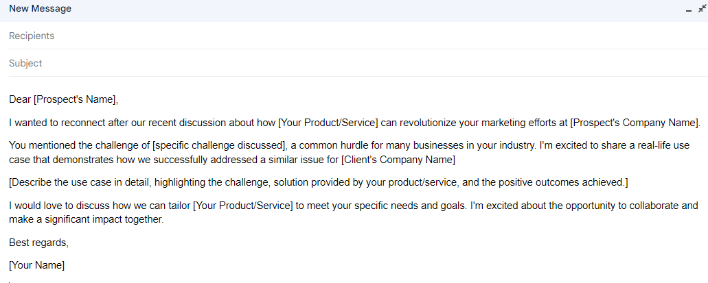 Gmail follow-up template describing a customer use case after a sales discussion.