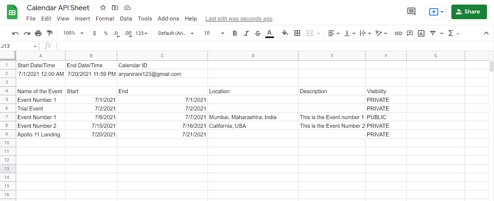 Calendar events populated in Google Sheets, including dates, locations, descriptions, and visibility.