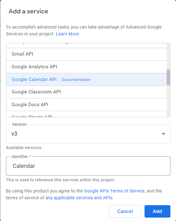 Google Calendar API selected in Apps Script, with version v3 and the Add button.