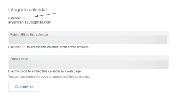Google Calendar's Integrate calendar section, with an arrow pointing to the Calendar ID.