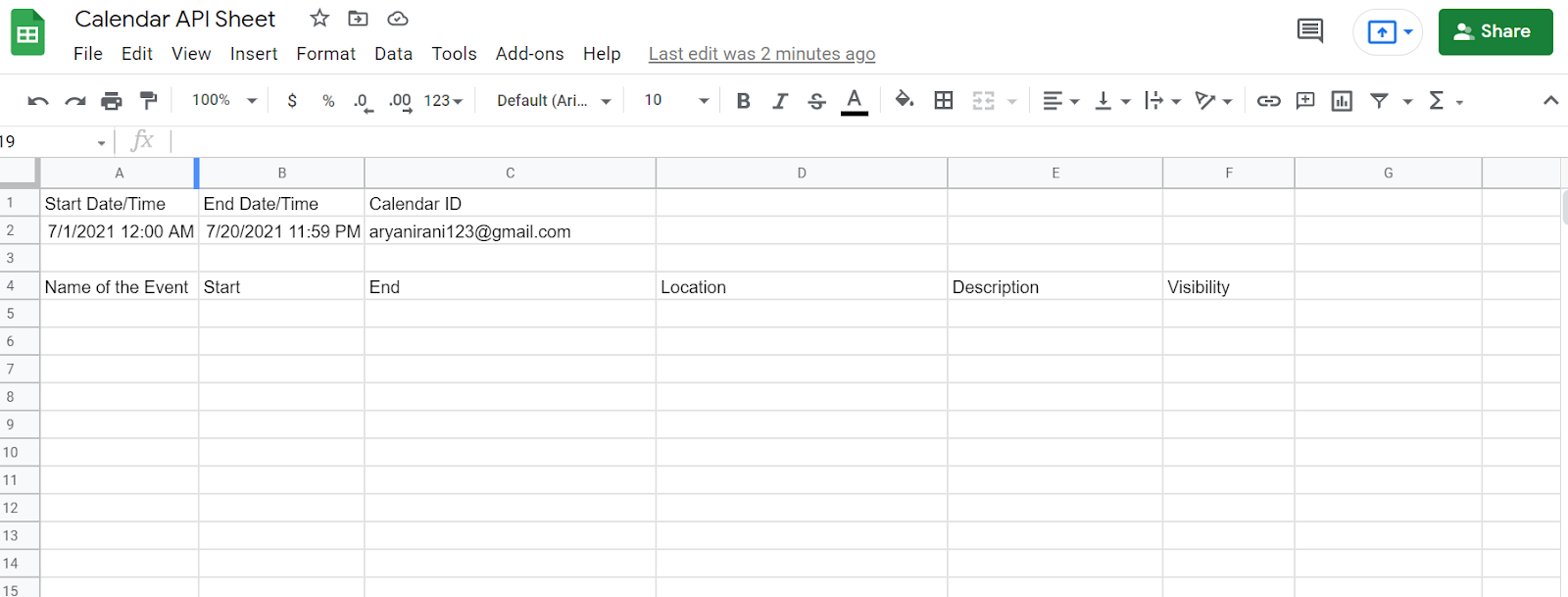 Google Sheets template with start and end dates, Calendar ID, and empty columns for event details.