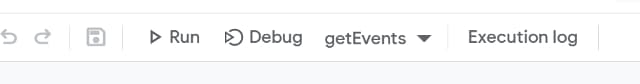 The Apps Script toolbar with getEvents selected beside the Run button.
