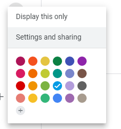 Google Calendar menu with Settings and sharing above the calendar color choices.