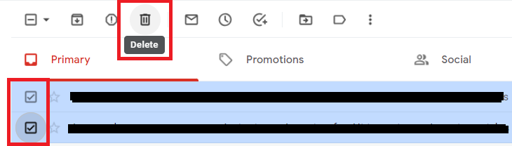 Selected Gmail messages with the Delete button highlighted.
