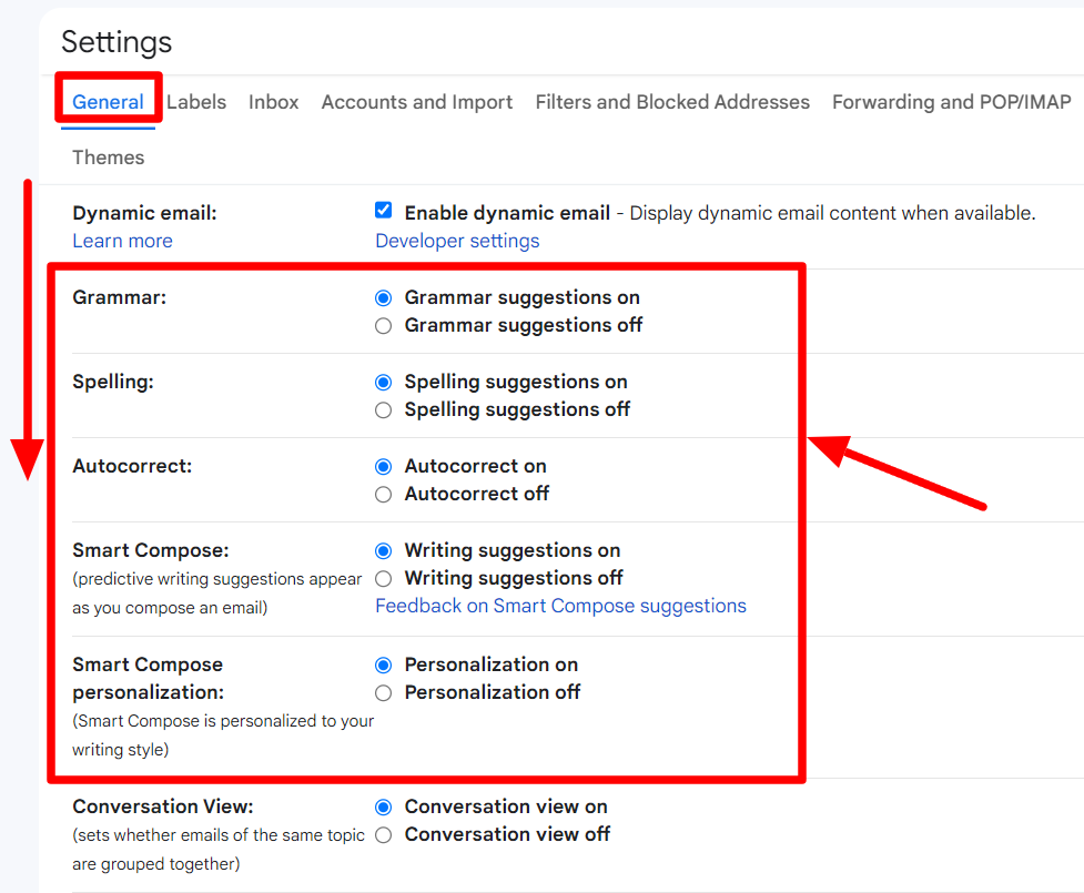 Gmail General settings showing grammar, spelling, autocorrect and Smart Compose options.