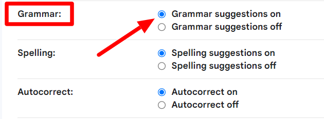 Gmail Grammar suggestions on option highlighted.
