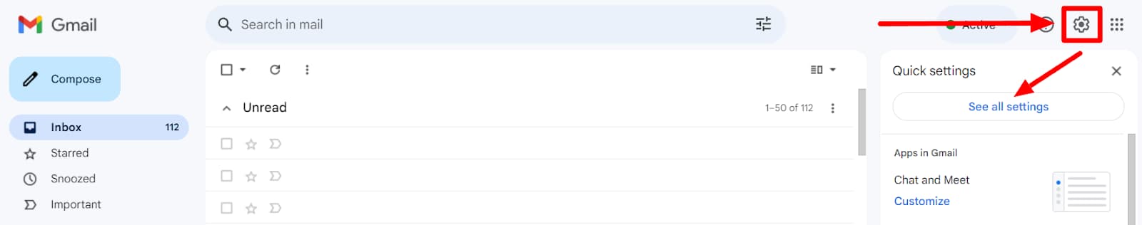 Gmail settings gear and See all settings highlighted.