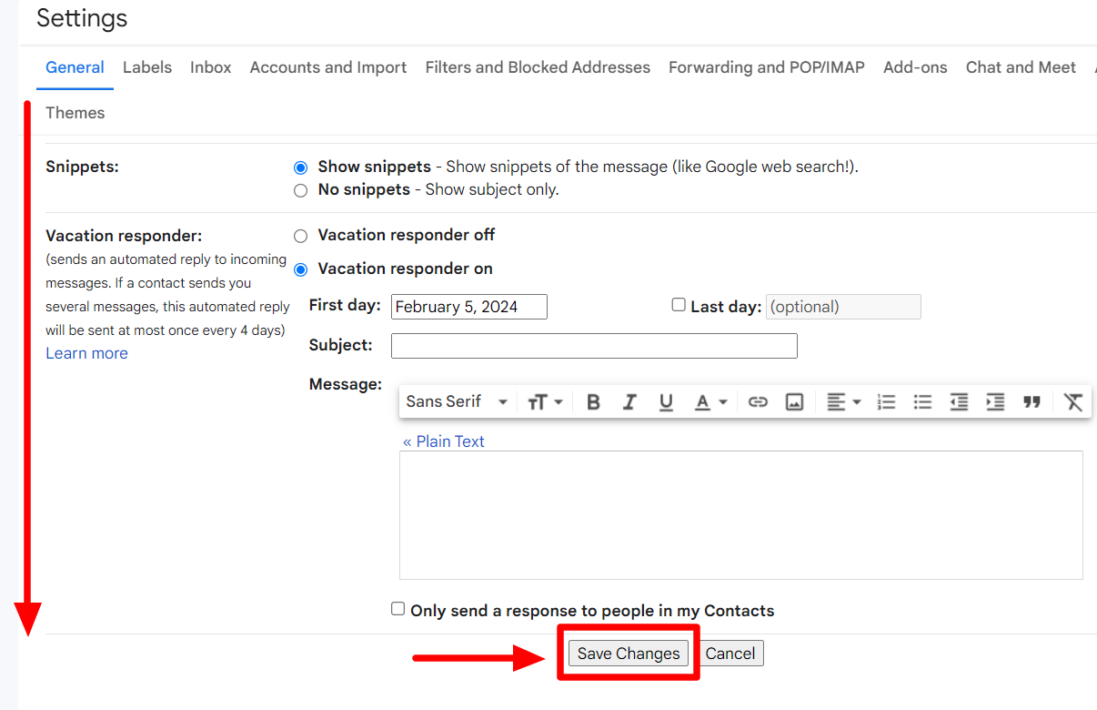 Gmail settings with Save Changes highlighted.