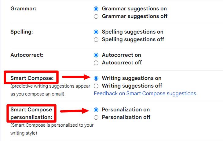 Gmail Smart Compose writing suggestions and personalization enabled.