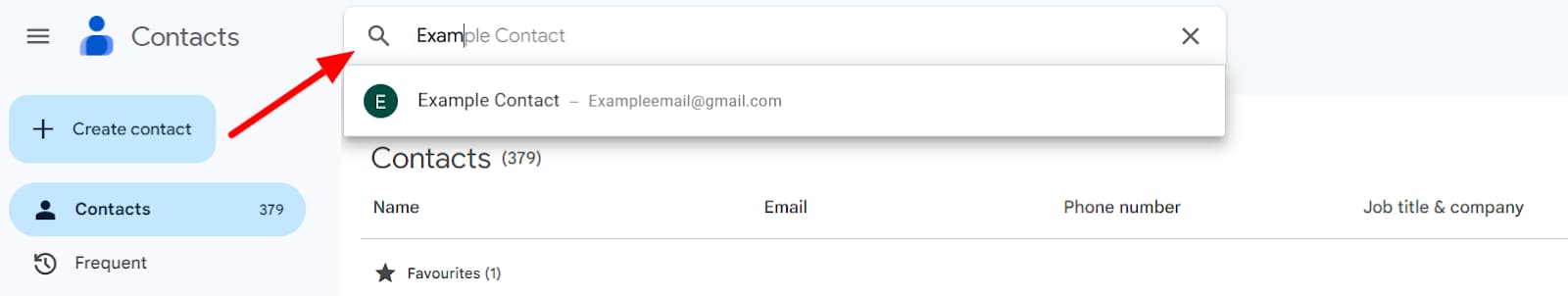 Google Contacts search showing a matching example contact.