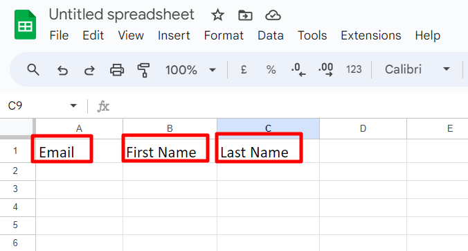 Spreadsheet headers Email, First Name and Last Name highlighted.