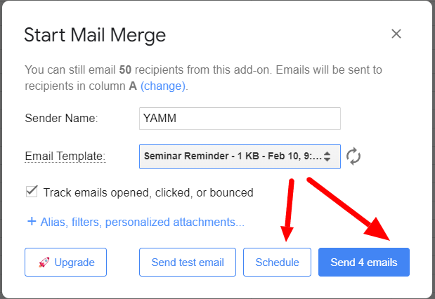 YAMM mail merge dialog showing Schedule and Send 4 emails controls.