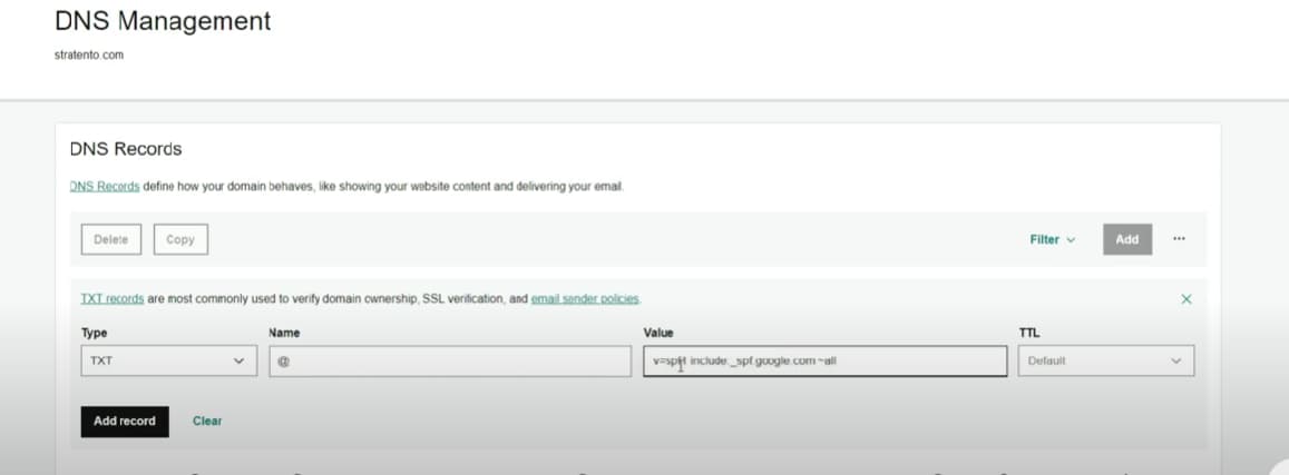 DNS management form adding a TXT record with Google's SPF include directive.