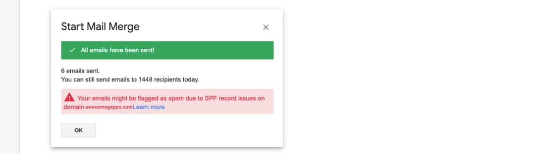 YAMM send confirmation warning that SPF record issues may cause emails to be flagged as spam.
