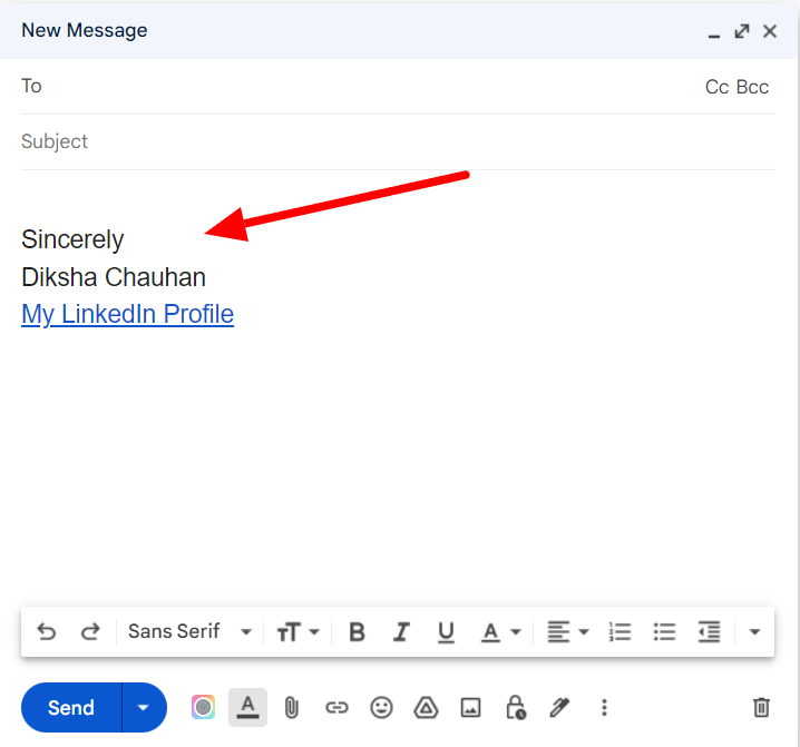 A new Gmail message contains a signature with a sign-off, name, and LinkedIn profile link.