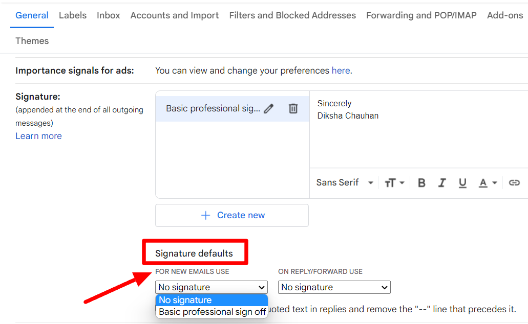 The default signature dropdown for new emails is open.