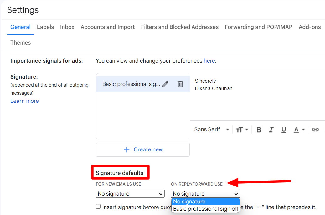 The default signature dropdown for replies and forwards is open.