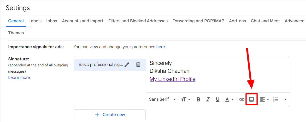 The Insert image button in the signature formatting toolbar is highlighted.