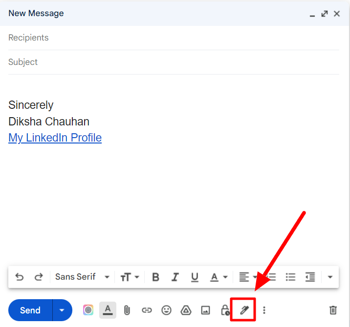 The Insert signature icon in Gmail's compose toolbar is highlighted.