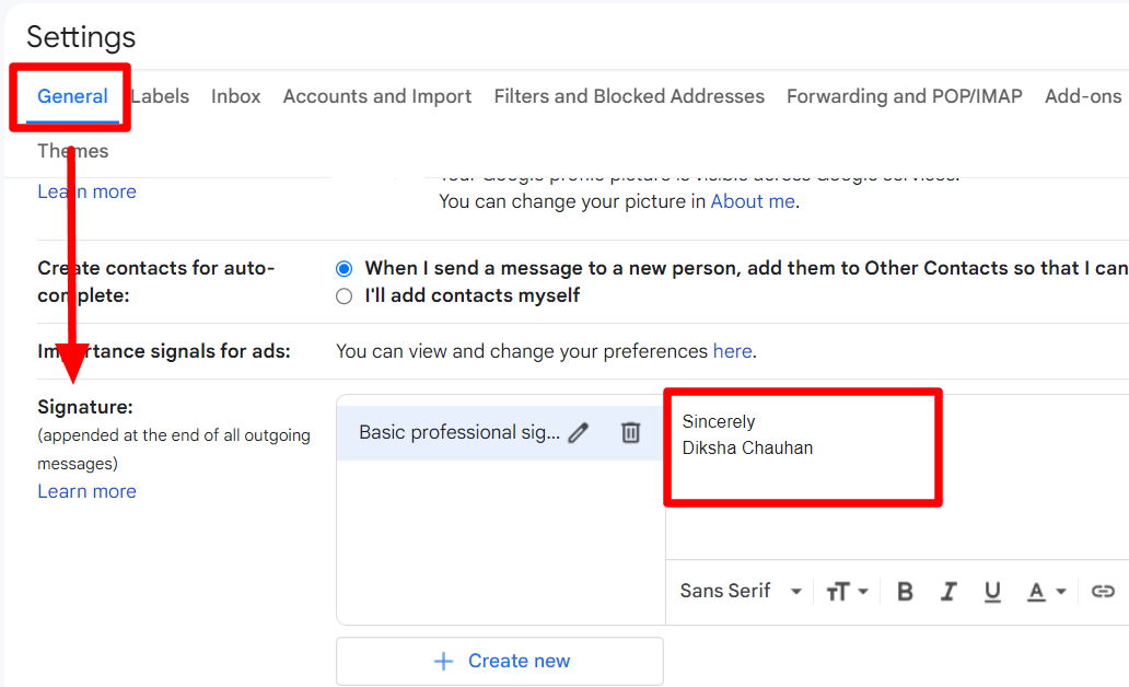 The signature text editor is highlighted beside the saved signature name.
