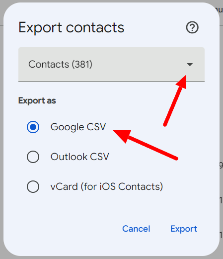 Export contacts dialog with Google CSV selected and the contacts dropdown highlighted.