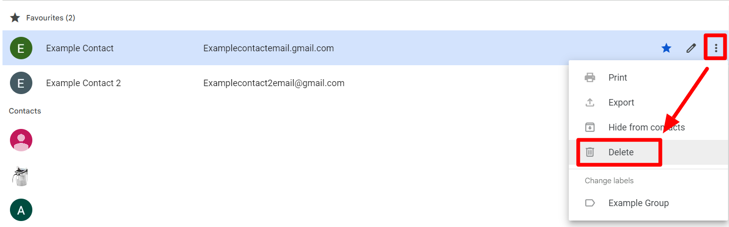 Google contact menu with Delete highlighted.