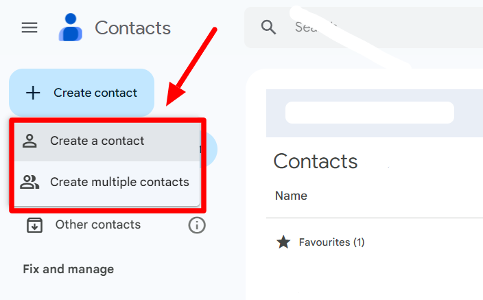 Google Contacts menu offering Create a contact and Create multiple contacts.