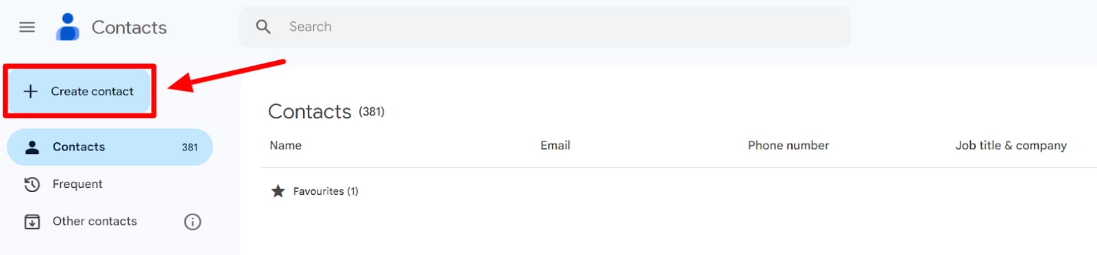 Google Contacts with the Create contact button highlighted.