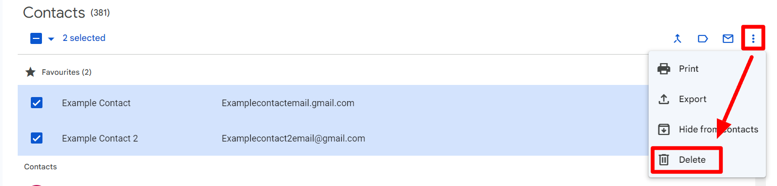 Selected contacts menu with Delete highlighted.