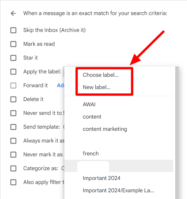 Gmail filter label menu offering existing labels or New label.
