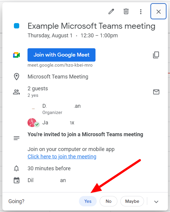 Google Calendar meeting details with the Yes attendance response indicated.