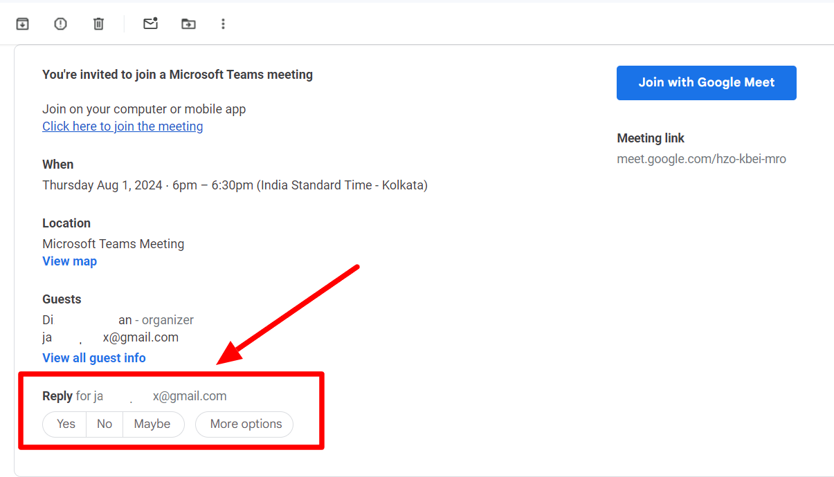 Meeting invitation in Gmail with Yes, No, Maybe, and More options highlighted.