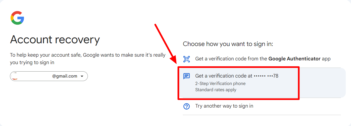 Google Account recovery options for Authenticator or a phone verification code.