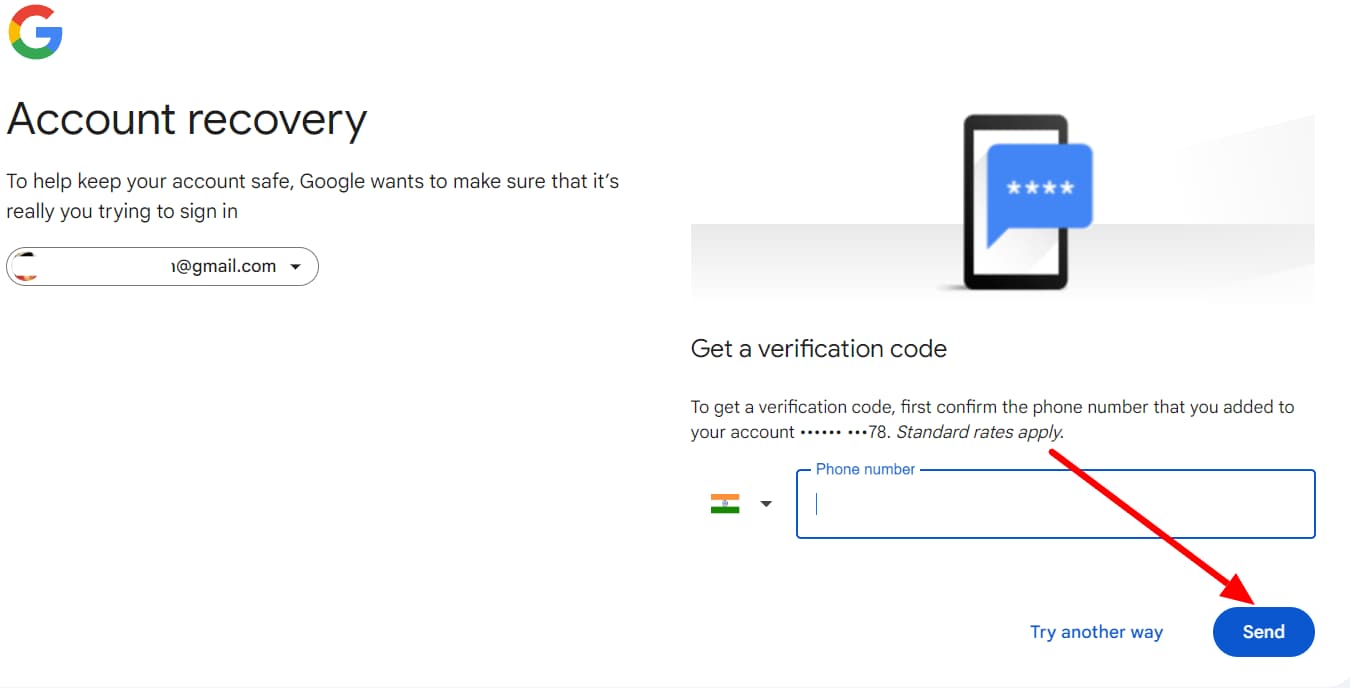 Google Account recovery requesting the saved phone number before sending a code.