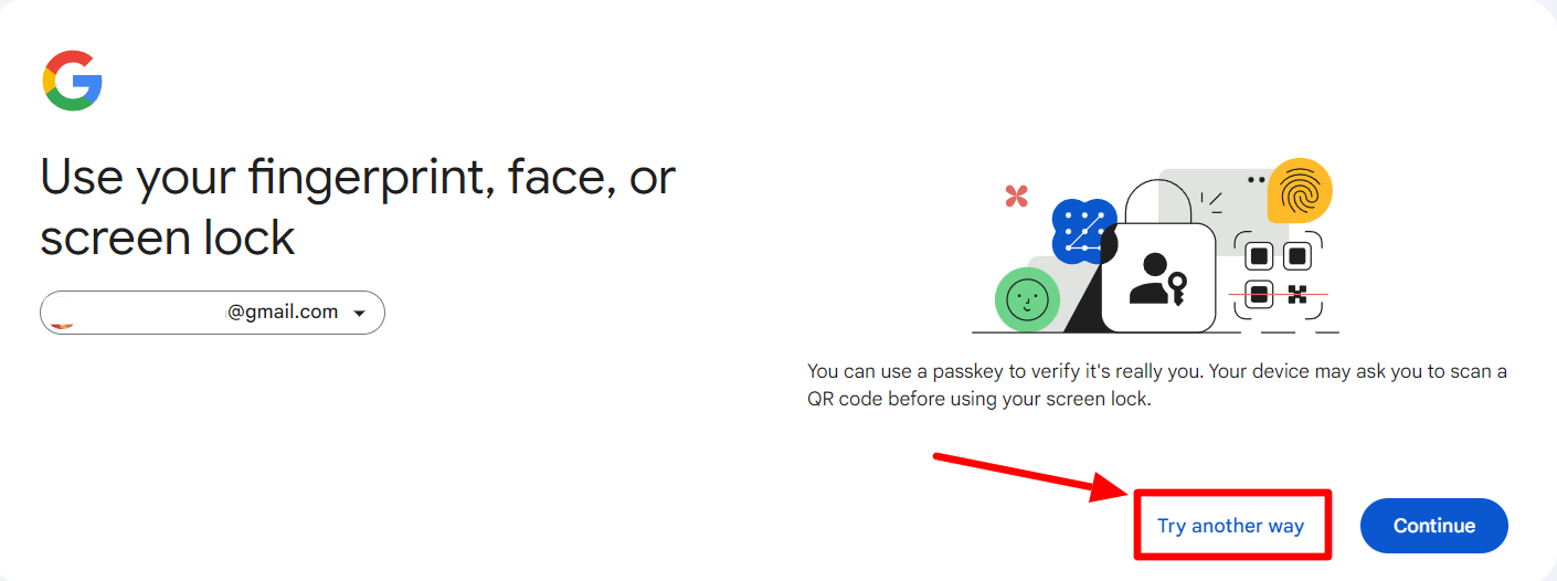 Google passkey sign-in screen with Try another way highlighted.