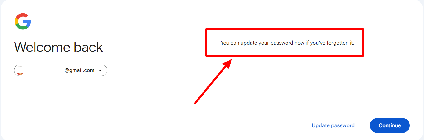 Google Welcome back screen offering to update a forgotten password.