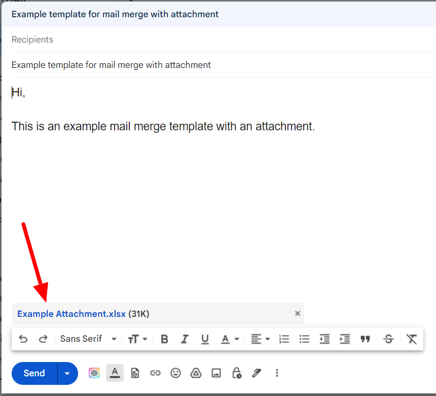 Example spreadsheet attachment added to a Gmail draft.