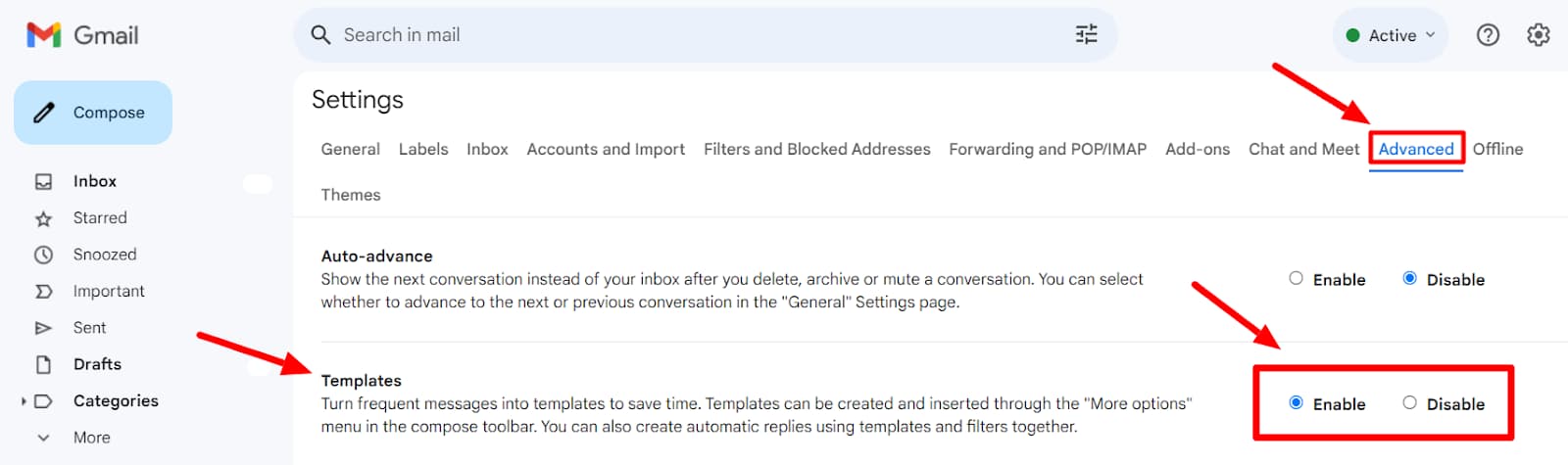 Gmail Advanced settings with Templates enabled.