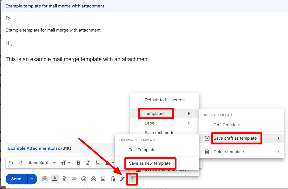 Gmail draft menu showing Templates, Save draft as template and Save as new template.