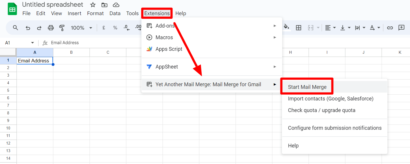 Google Sheets Extensions menu with YAMM Start Mail Merge highlighted.