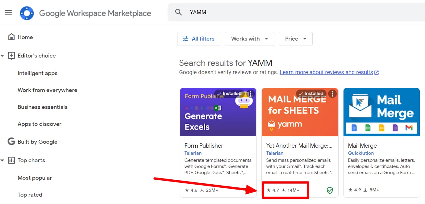 YAMM listing highlighted in Google Workspace Marketplace search results.